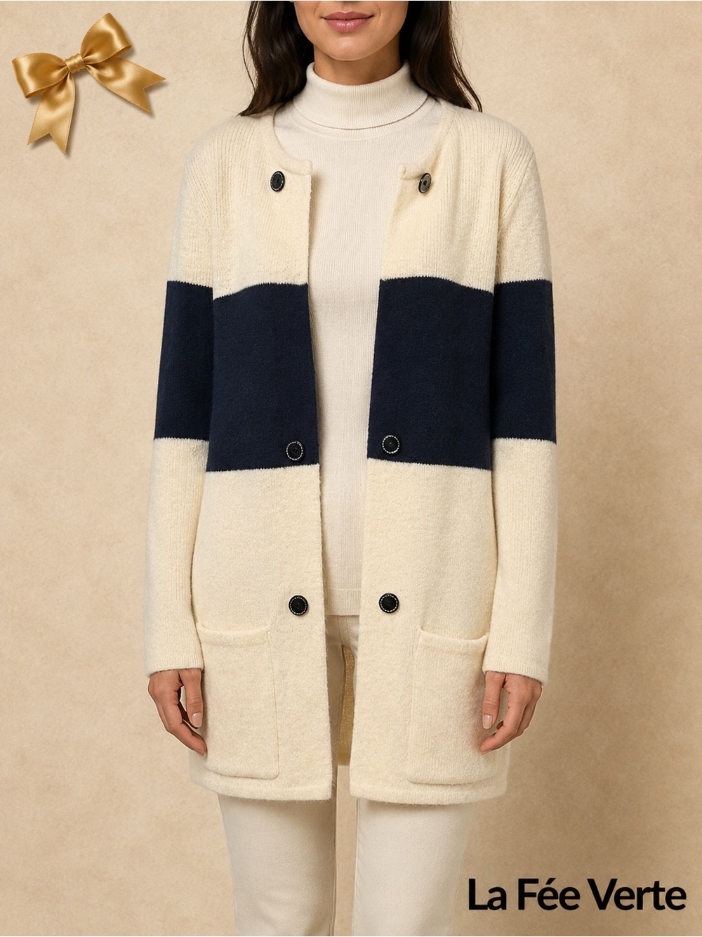 La Fée Verte XS Cream Navy Colorblock Wool Blend Long Cardigan